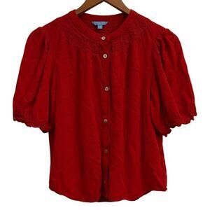 Draper James Women’s Red Loose Relax Short Sleeve Ruffle Cinch Button Up Top Med